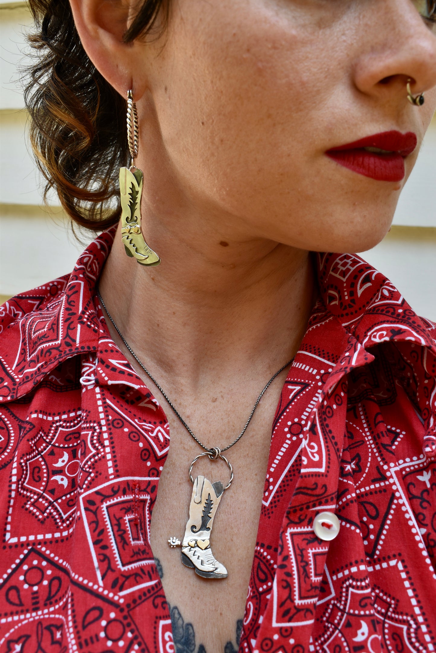 Made to Order- Cowboy Boot Pendant with Brass Hearts