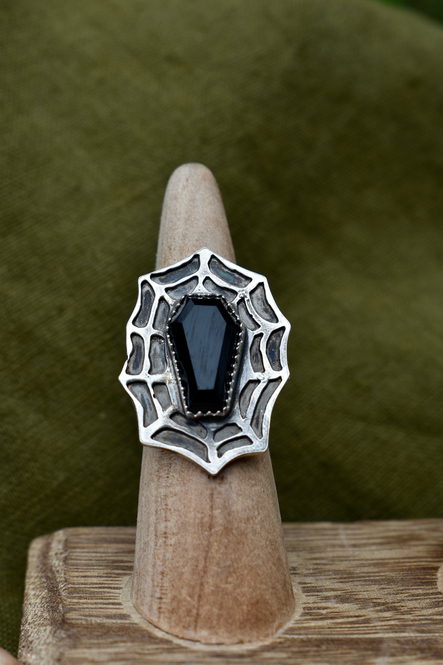 Black Onyx Coffin Spider Web Ring Size 7