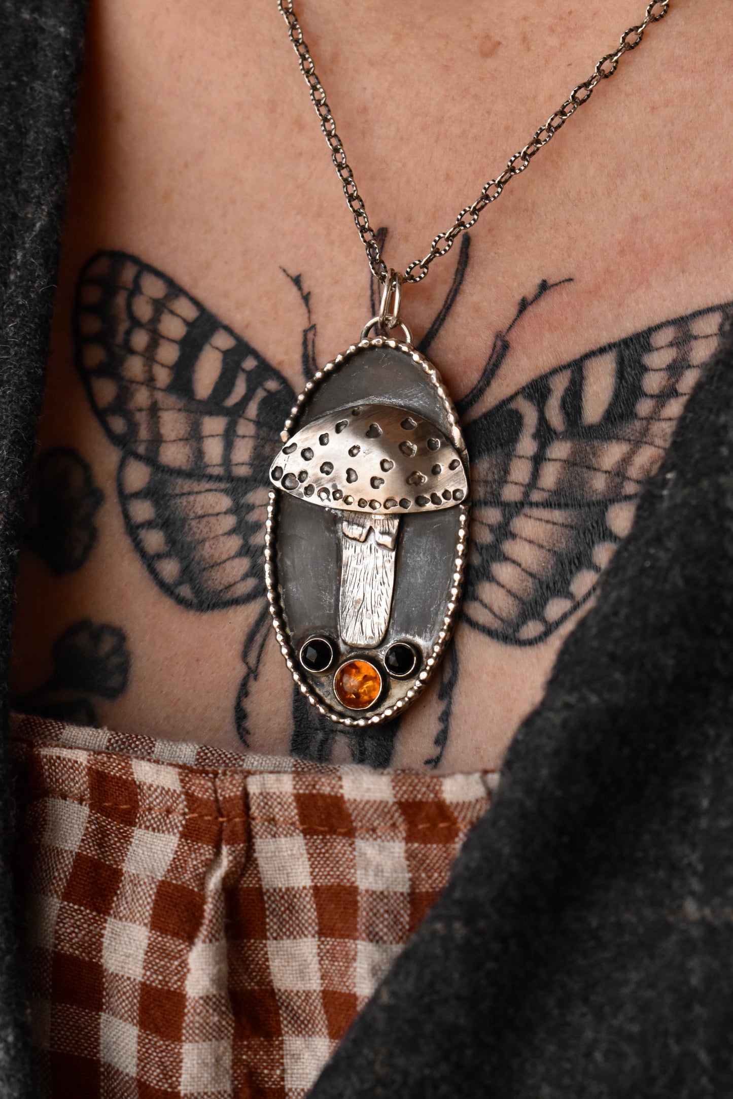 Fly agaric Pendant with Black Onyx & Baltic Amber