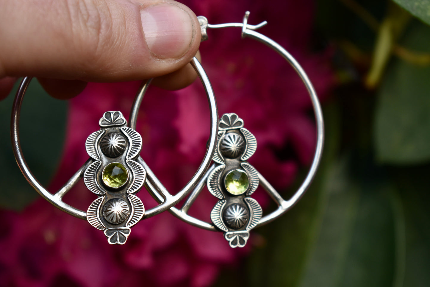 Stamped Peridot Hoops