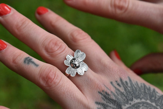Silver Dogwood Flower Ring Size 7.5