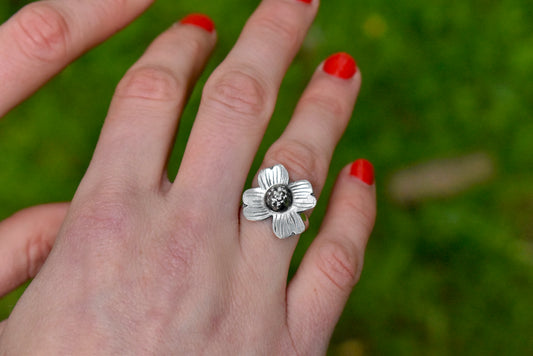 Silver Dogwood Flower Ring Size 6