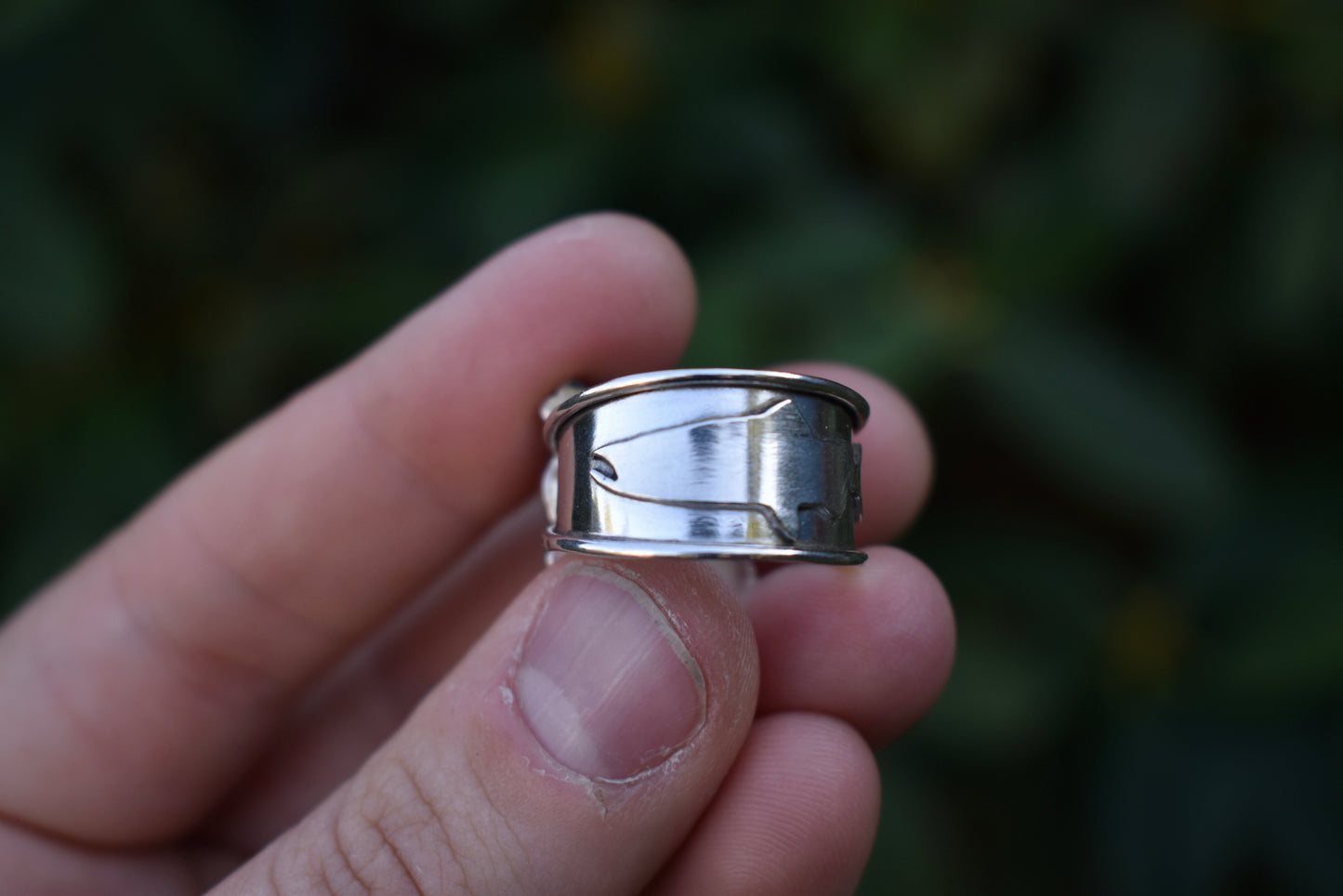 Rainbow Moonstone Stamped Ring with Salmon Band Size 8.5