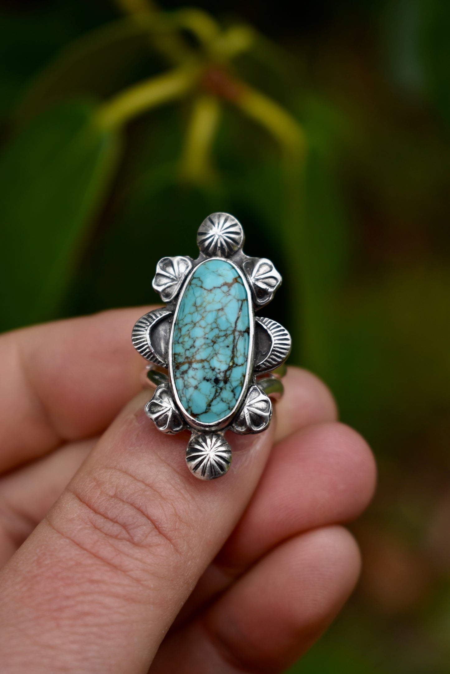 Kingman Turquoise Stamped Ring Size 6.5