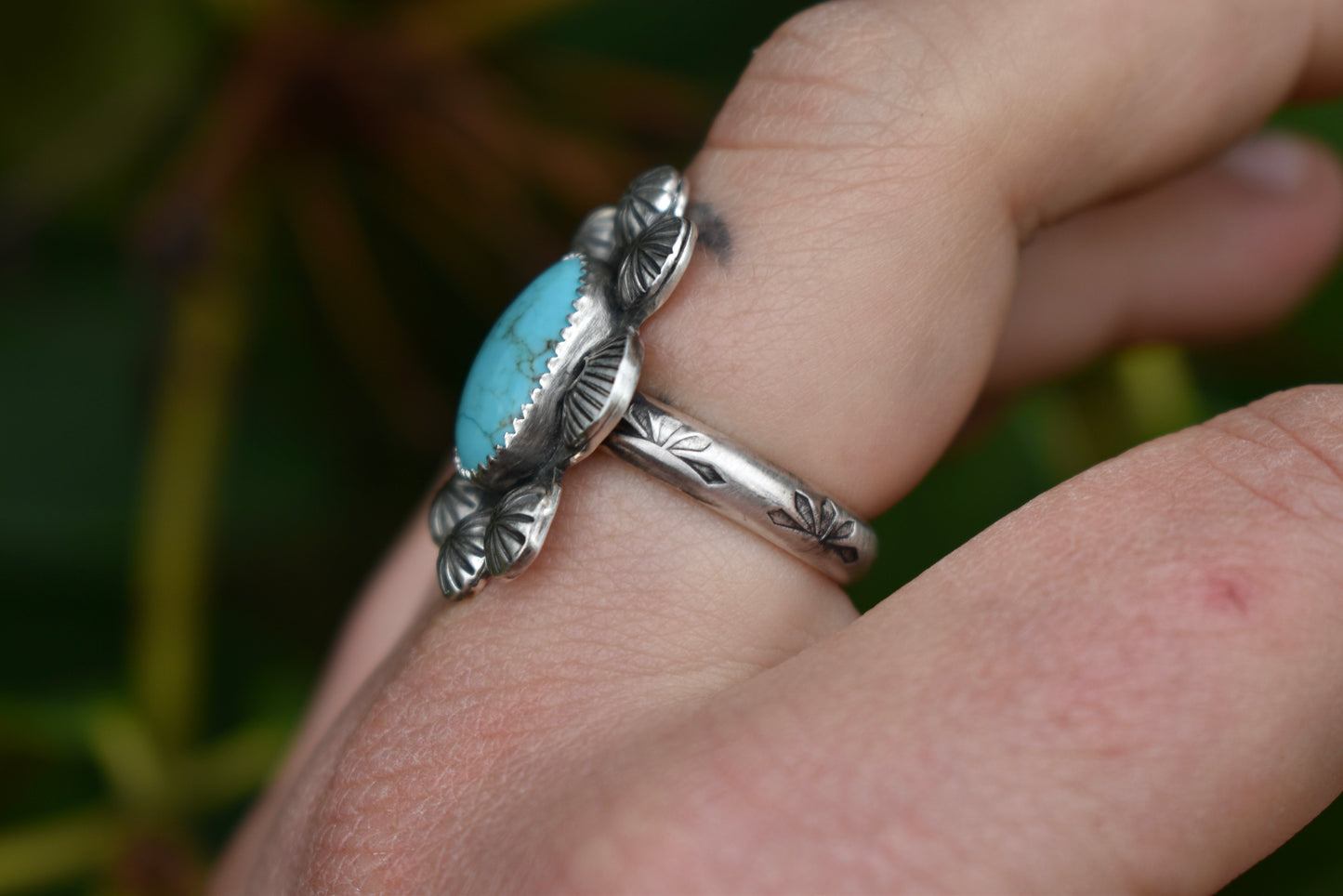 Kingman Turquoise Stamped Ring Size 9.5