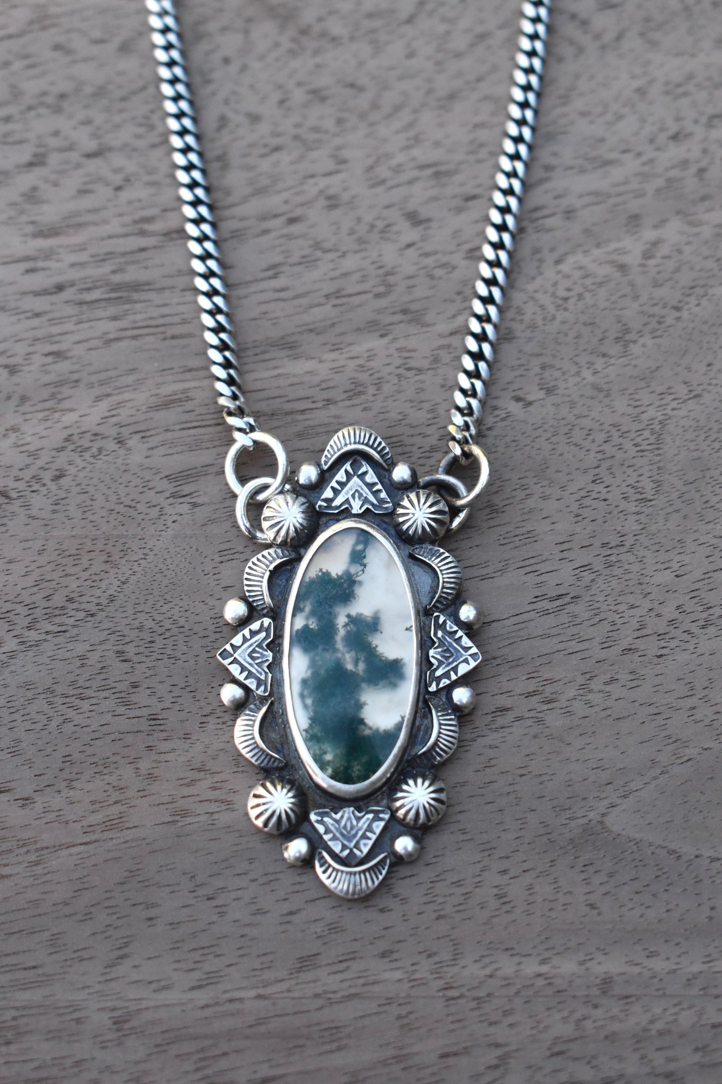 Moss Agate Stamped Pendant on a Curb Chain