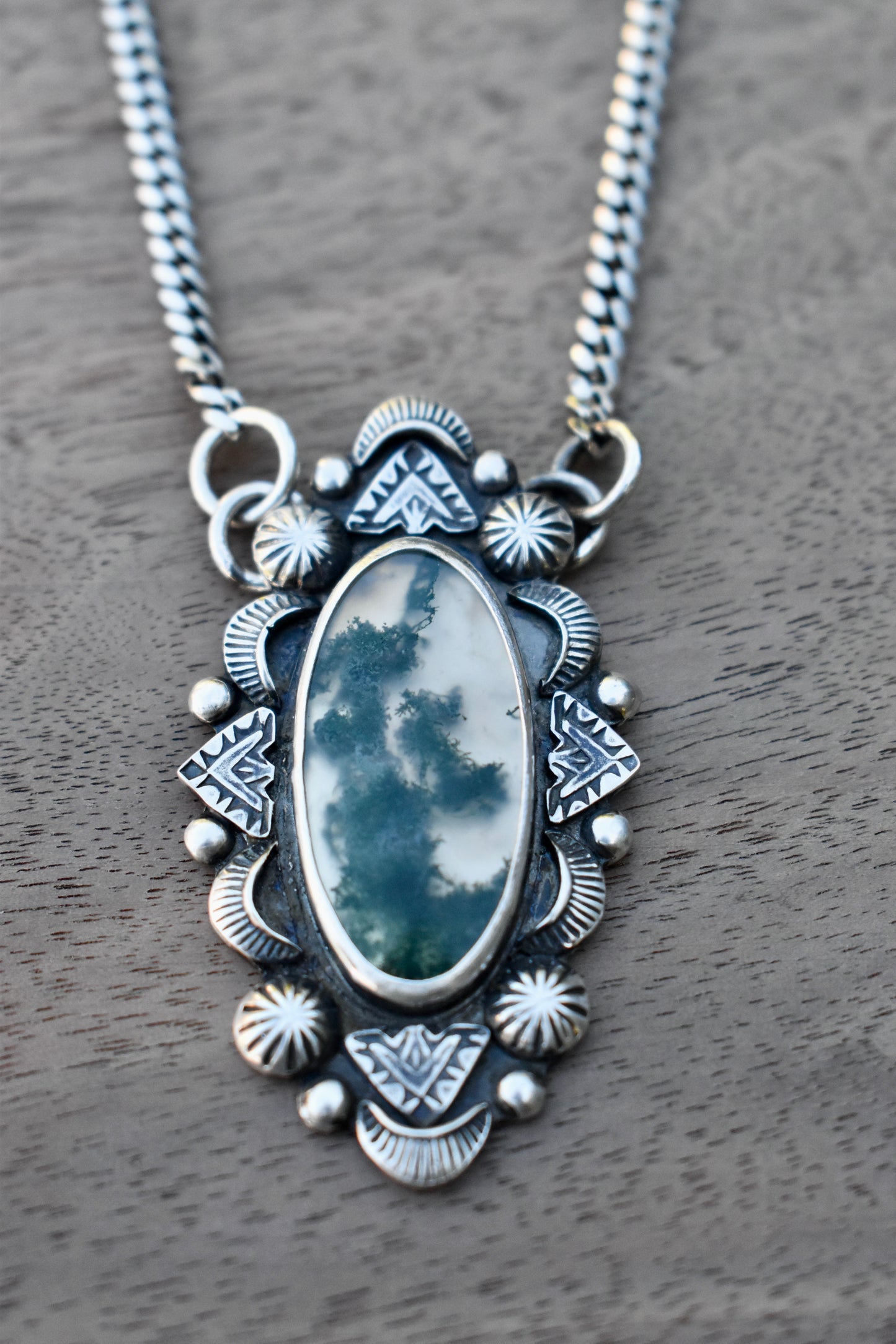 Moss Agate Stamped Pendant on a Curb Chain