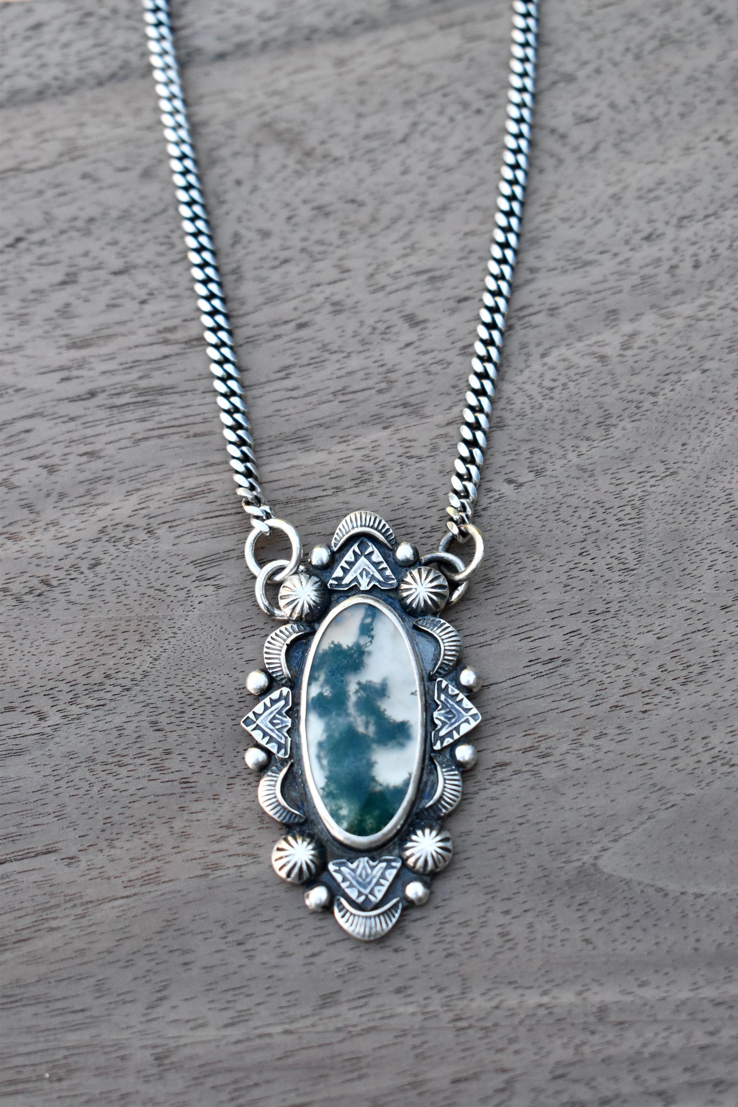 Moss Agate Stamped Pendant on a Curb Chain