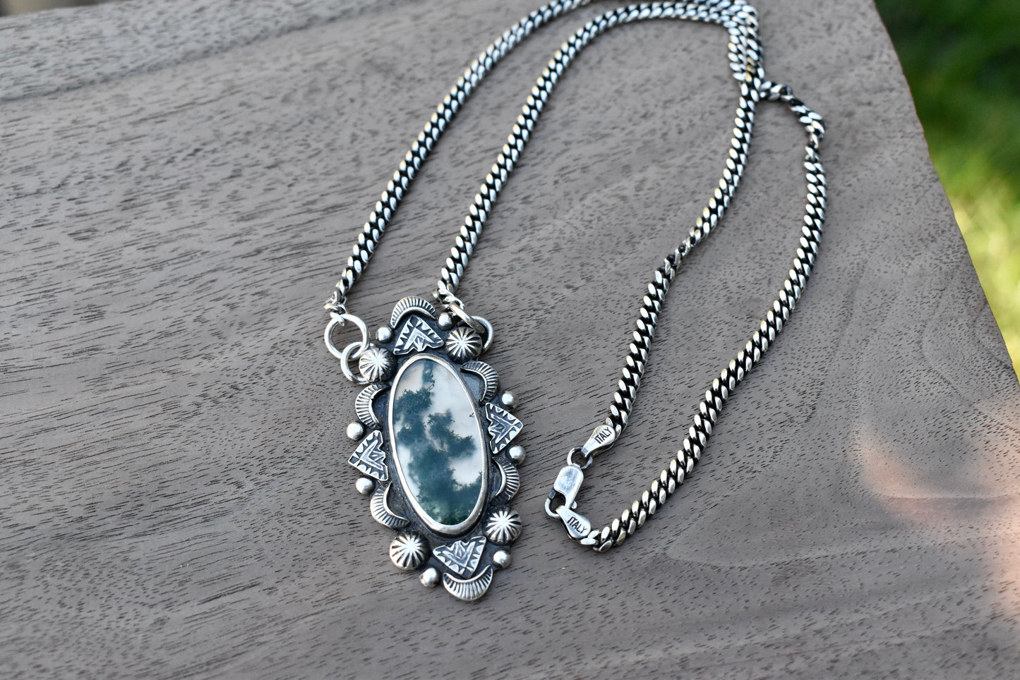 Moss Agate Stamped Pendant on a Curb Chain