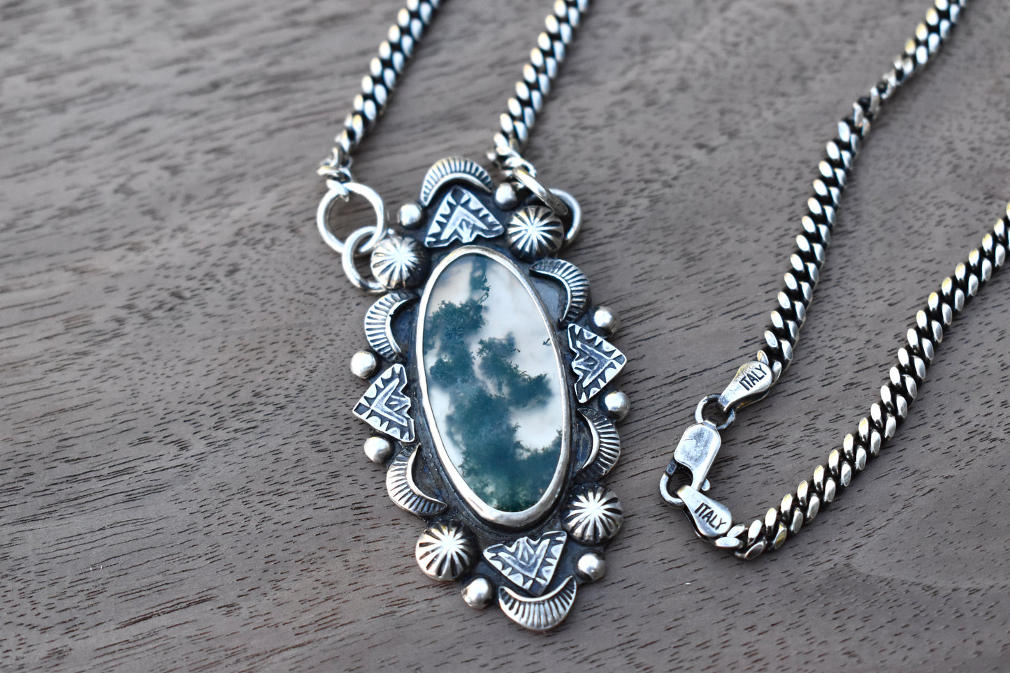 Moss Agate Stamped Pendant on a Curb Chain