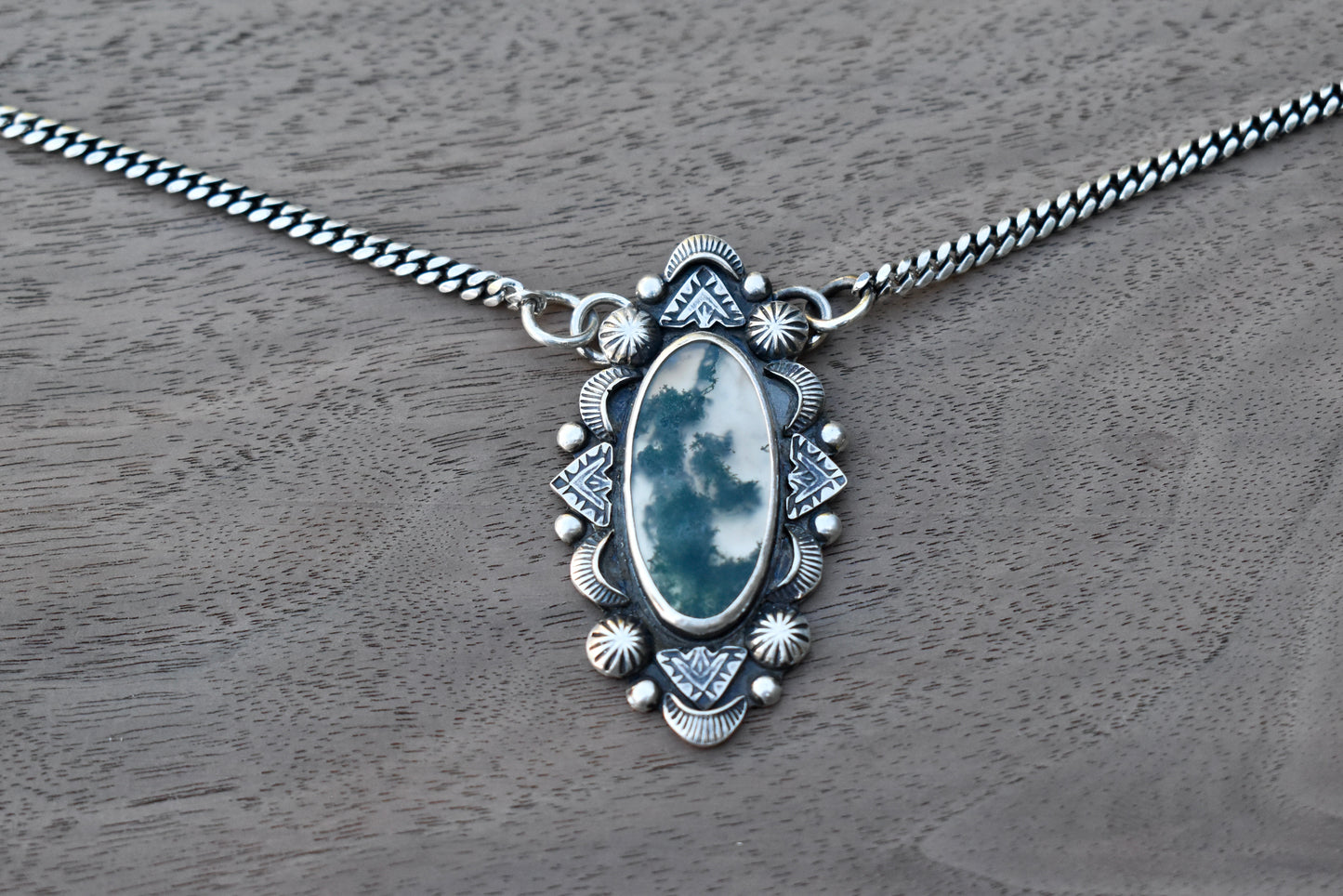 Moss Agate Stamped Pendant on a Curb Chain