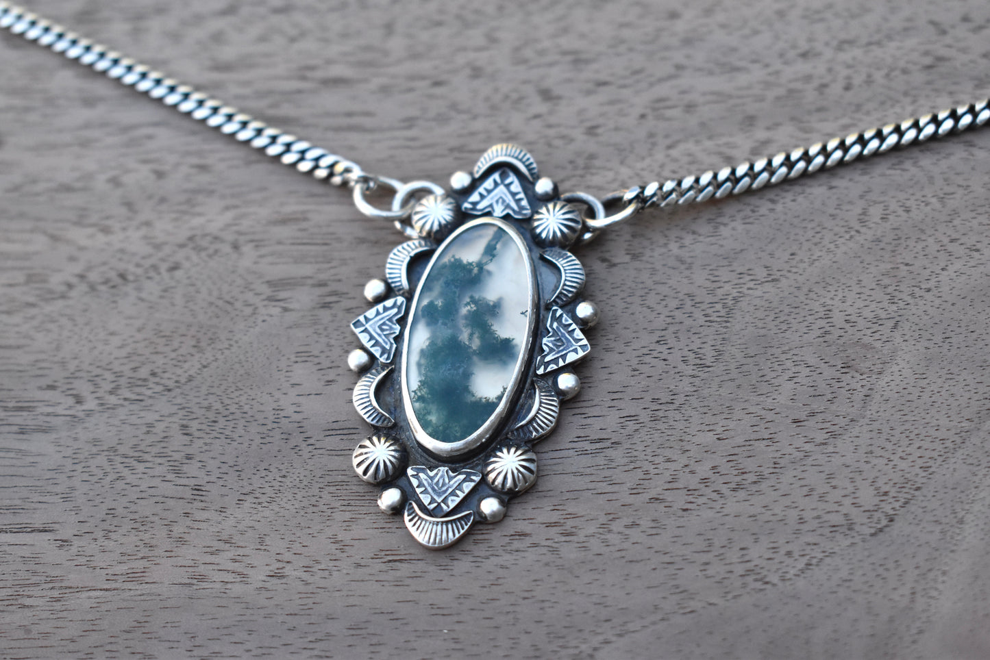 Moss Agate Stamped Pendant on a Curb Chain