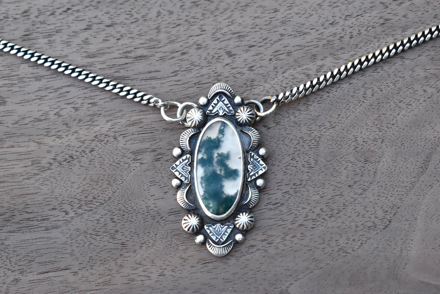 Moss Agate Stamped Pendant on a Curb Chain