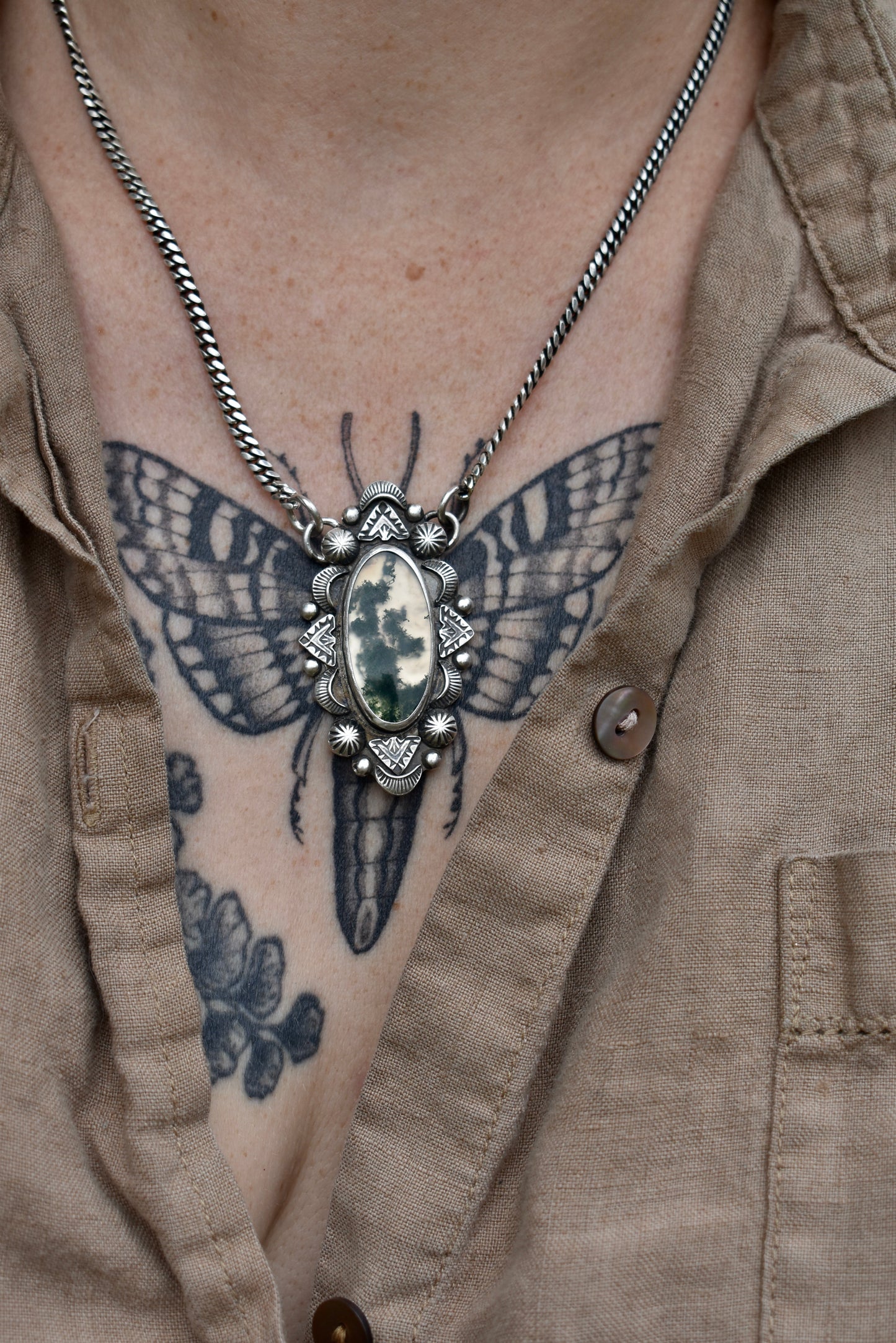 Moss Agate Stamped Pendant on a Curb Chain