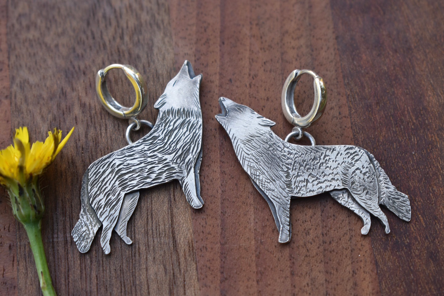 Howling Coyote Earrings on Huggie Clasps