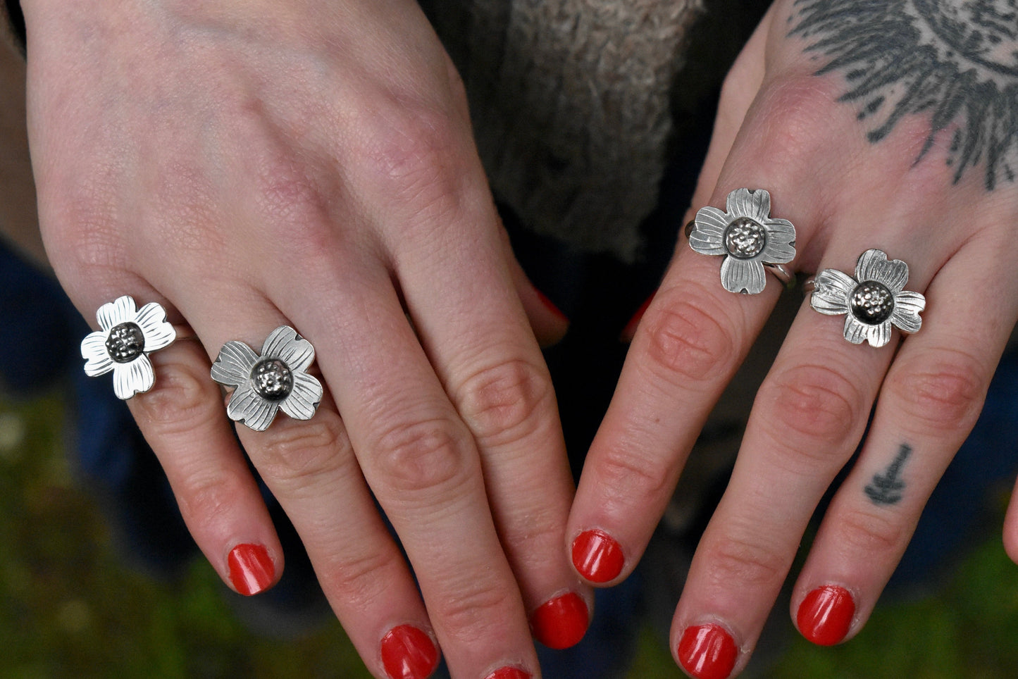 Silver Dogwood Flower Ring Size 7.5
