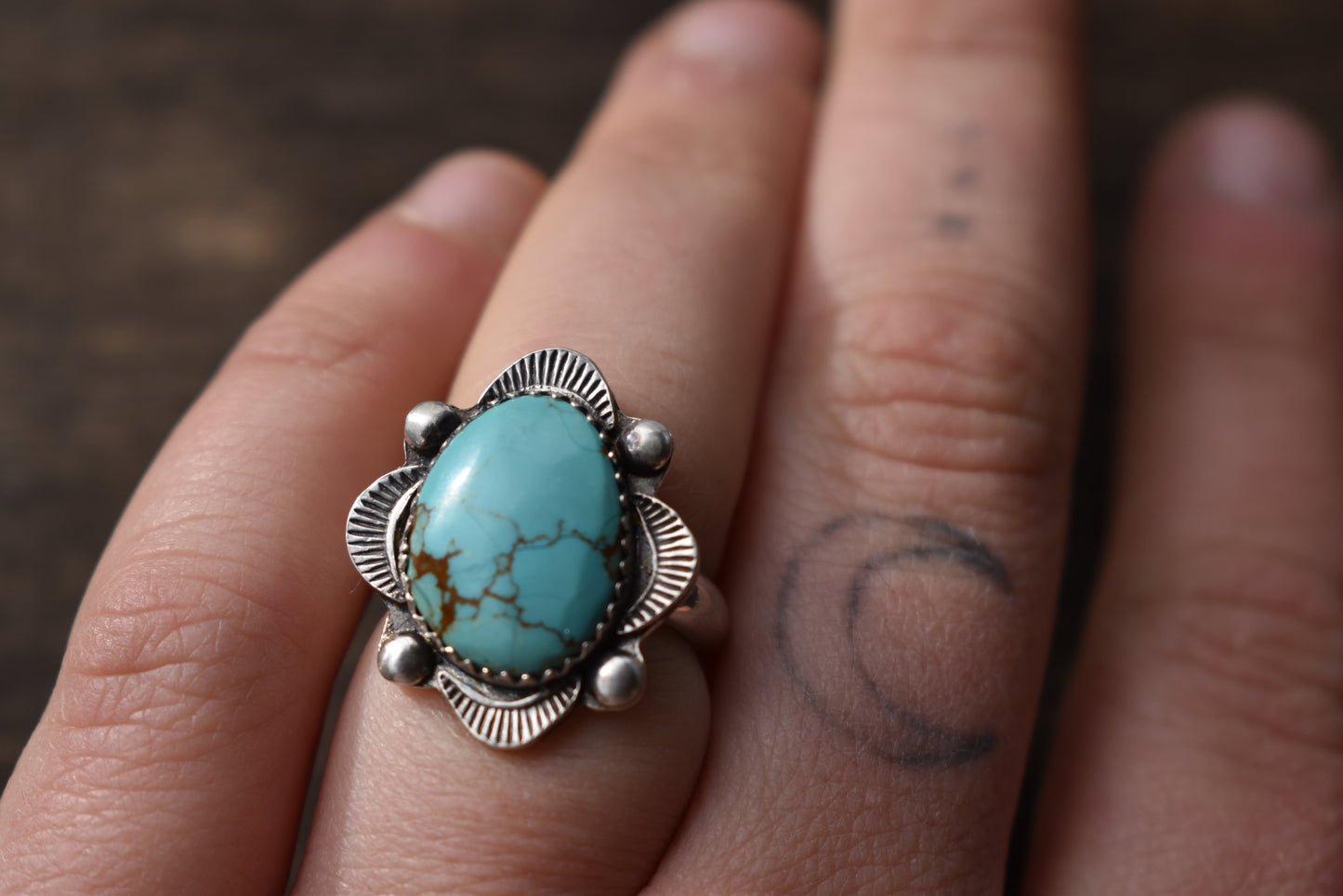 Kingman Turquoise Stamped Ring Size 6.25