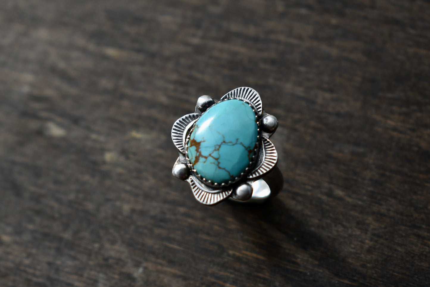 Kingman Turquoise Stamped Ring Size 6.25