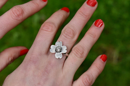 Silver Dogwood Flower Ring Size 9