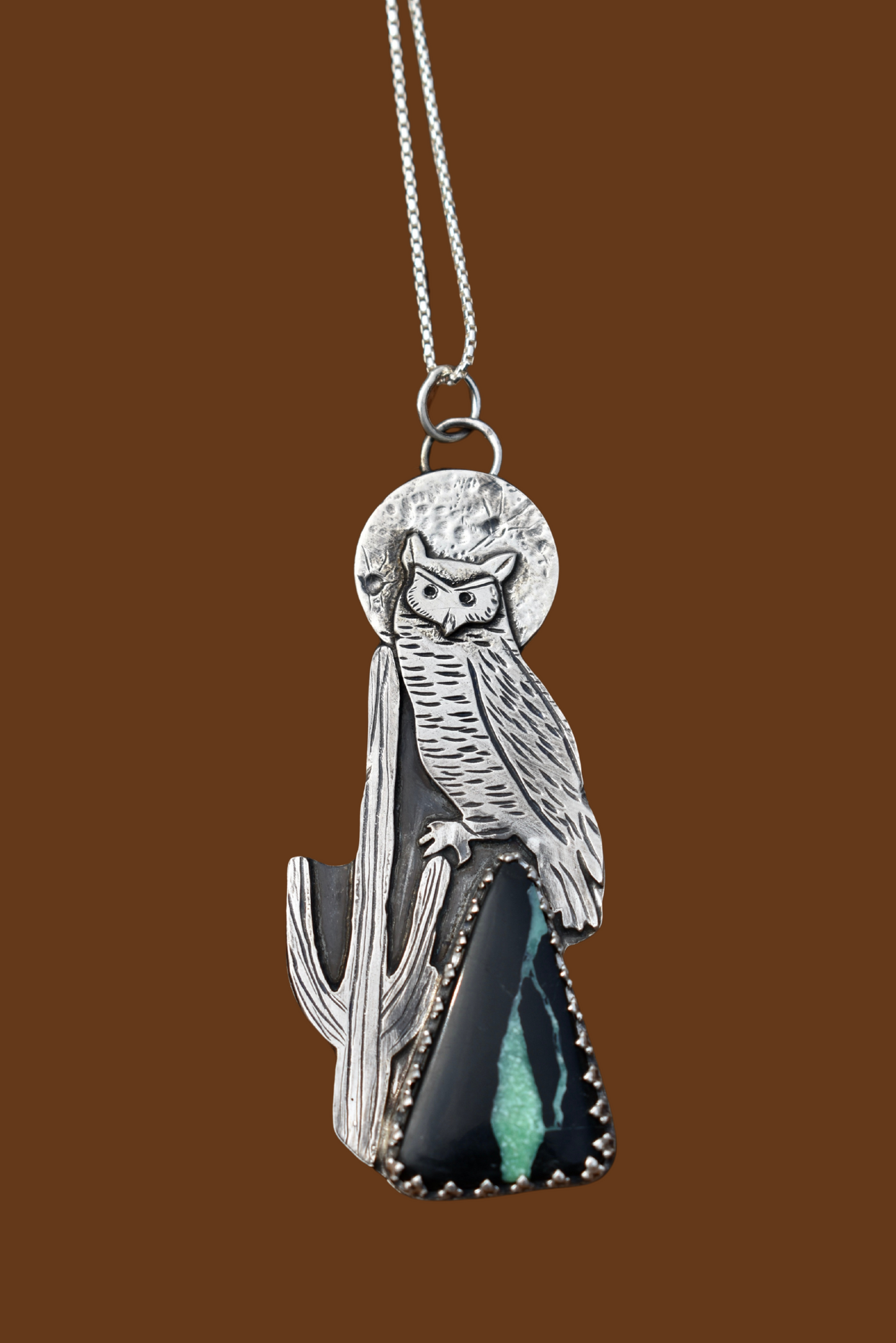 Owl Perched on a Saguaro with Black Buffalo Turquoise