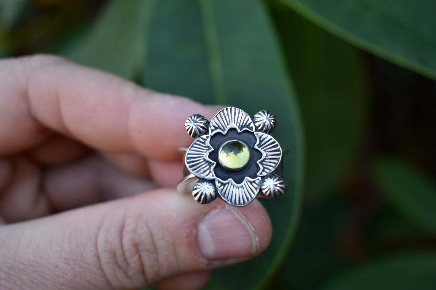 Peridot Stamped Ring with Salmon Band Size 9.5-9.75