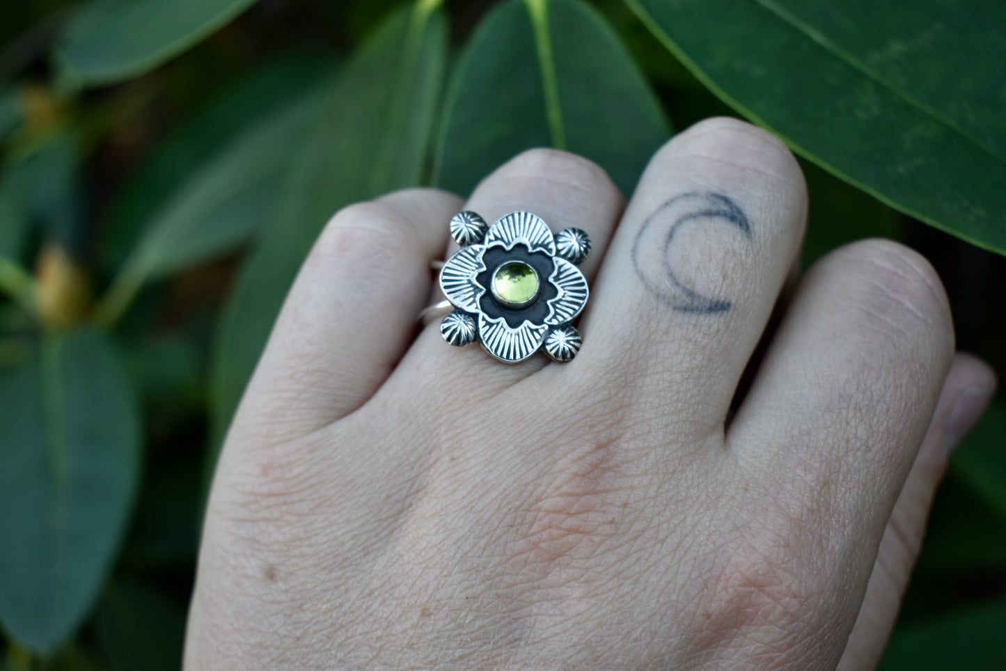 Peridot Stamped Ring with Salmon Band Size 9.5-9.75