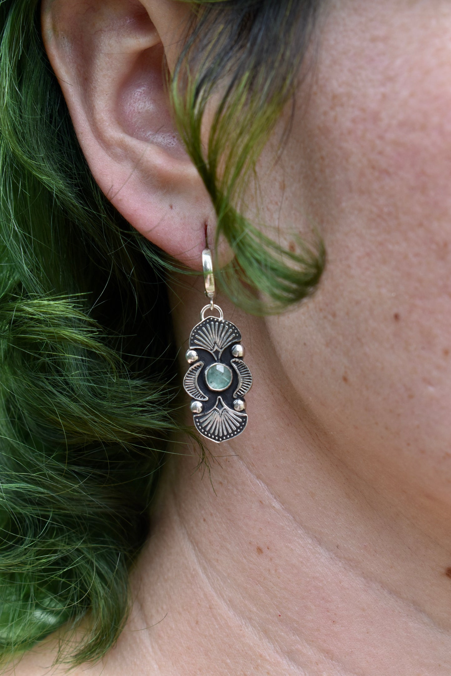 Green Kyanite Stamped Huggie Earrings