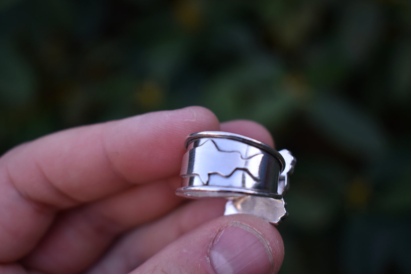 Rainbow Moonstone Stamped Ring with Salmon Band Size 8.5