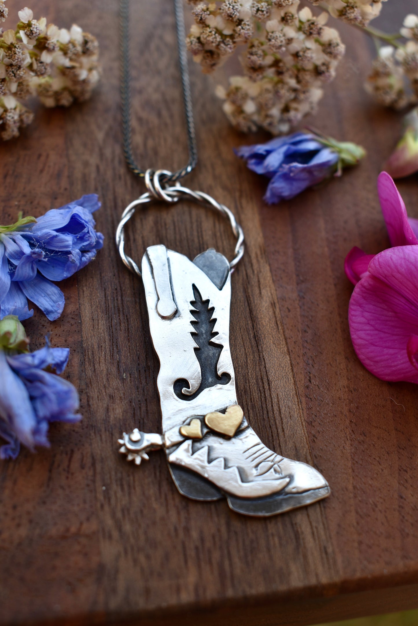 Made to Order- Cowboy Boot Pendant with Brass Hearts