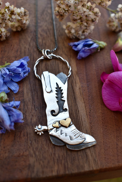 Made to Order- Cowboy Boot Pendant with Brass Hearts