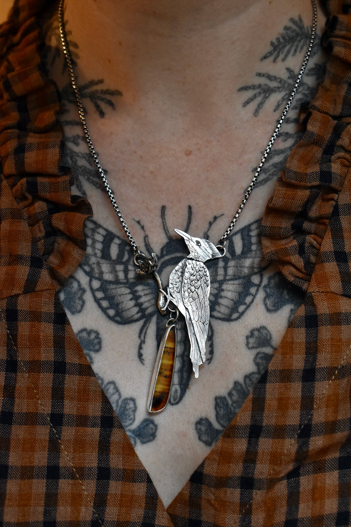 Pileated Woodpecker Pendant with Montana Agate