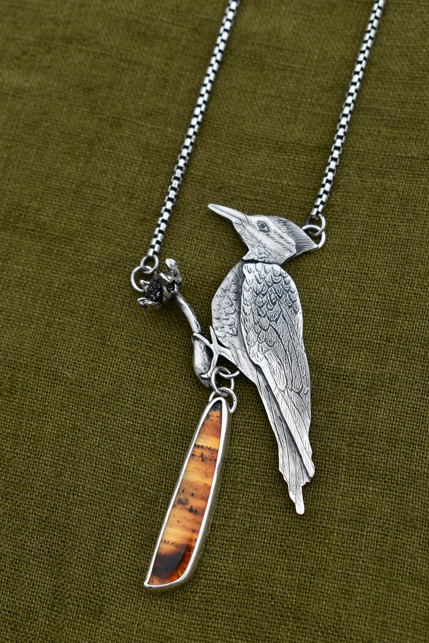 Pileated Woodpecker Pendant with Montana Agate