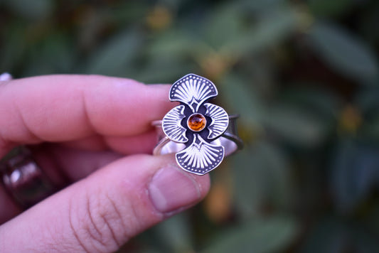 Citrine Stamped Ring with Salmon Band Size 9
