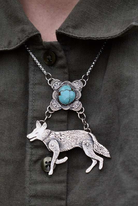 Kinetic Running Coyote and Turquoise Pendant