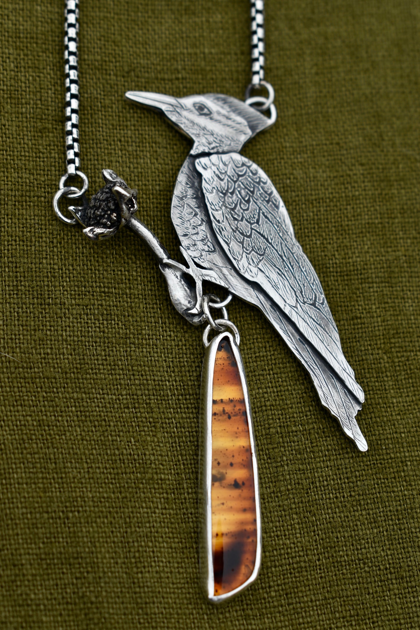 Pileated Woodpecker Pendant with Montana Agate
