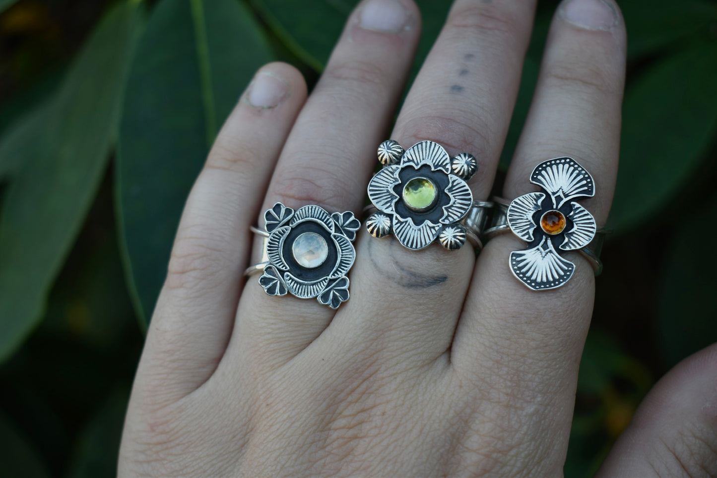 Rainbow Moonstone Stamped Ring with Salmon Band Size 8.5