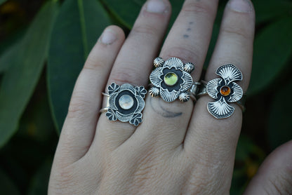 Rainbow Moonstone Stamped Ring with Salmon Band Size 8.5