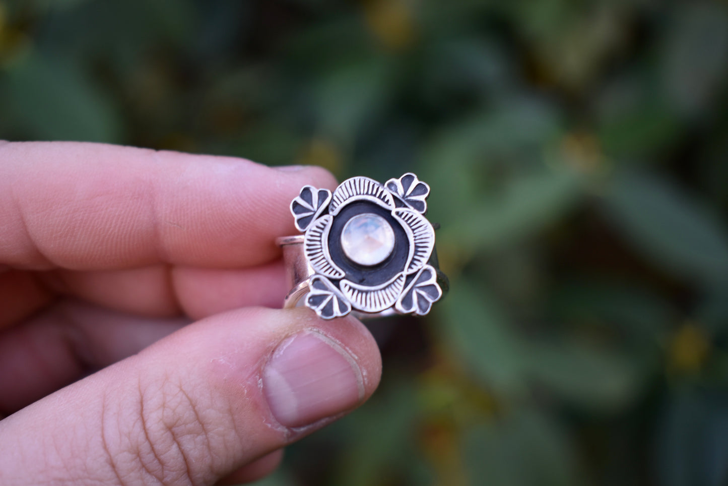 Rainbow Moonstone Stamped Ring with Salmon Band Size 8.5