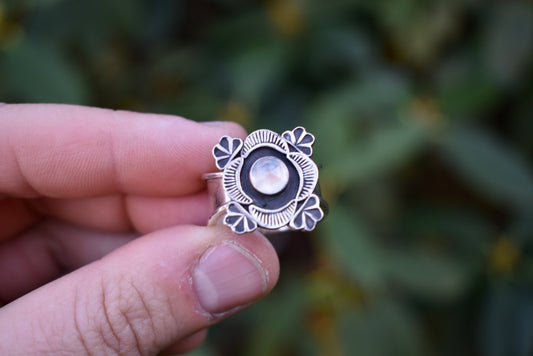 Rainbow Moonstone Stamped Ring with Salmon Band Size 8.5