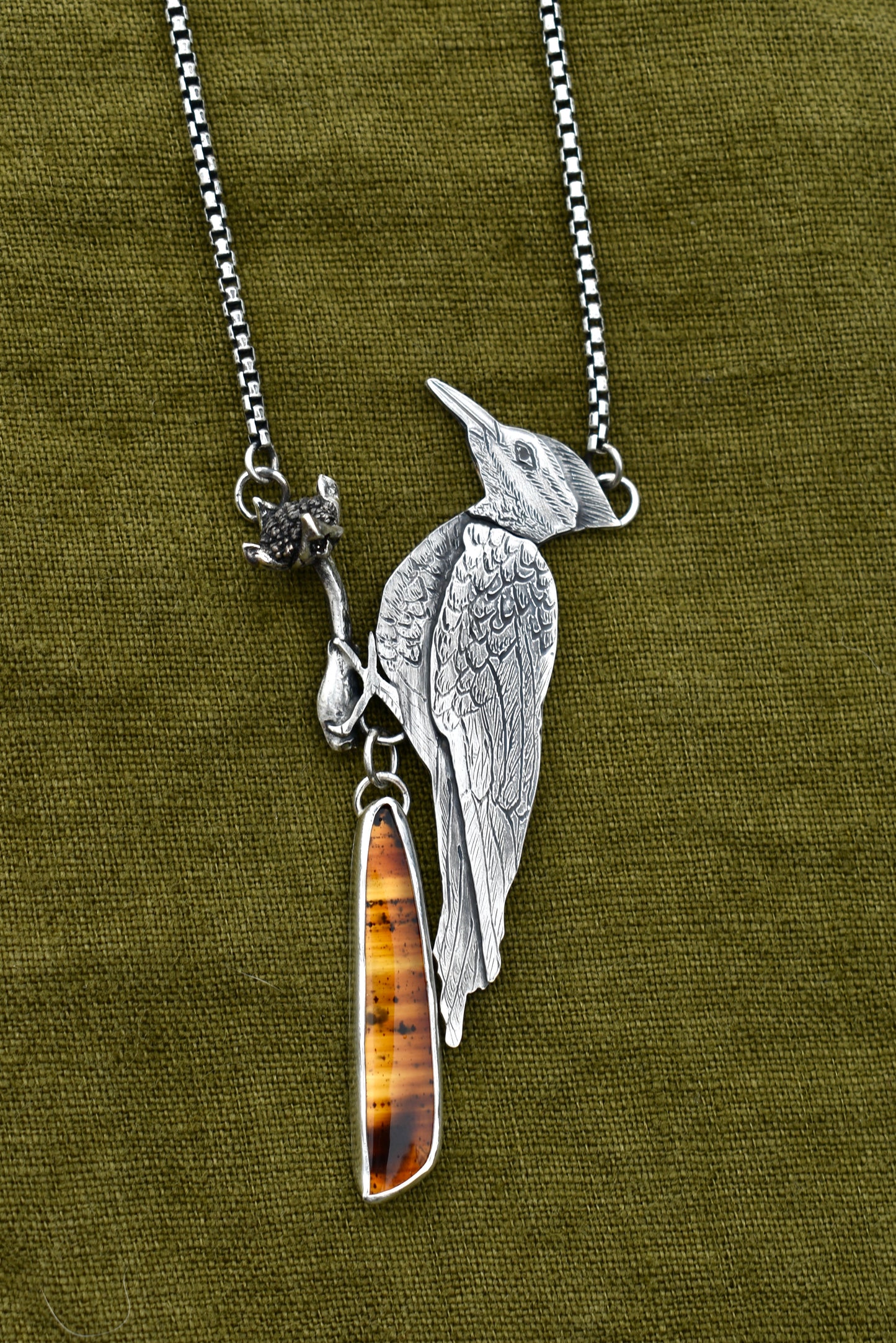 Pileated Woodpecker Pendant with Montana Agate