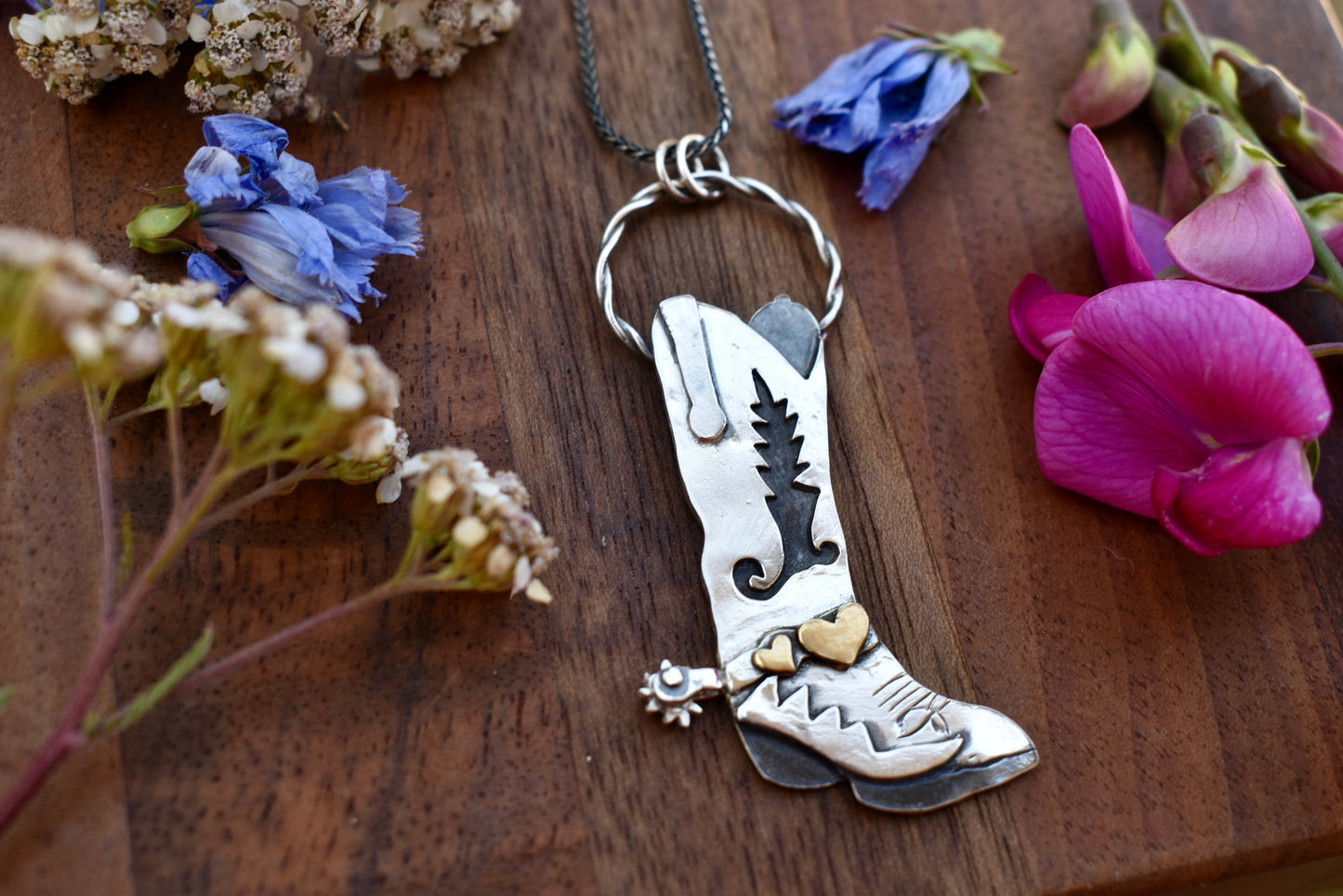 Made to Order- Cowboy Boot Pendant with Brass Hearts