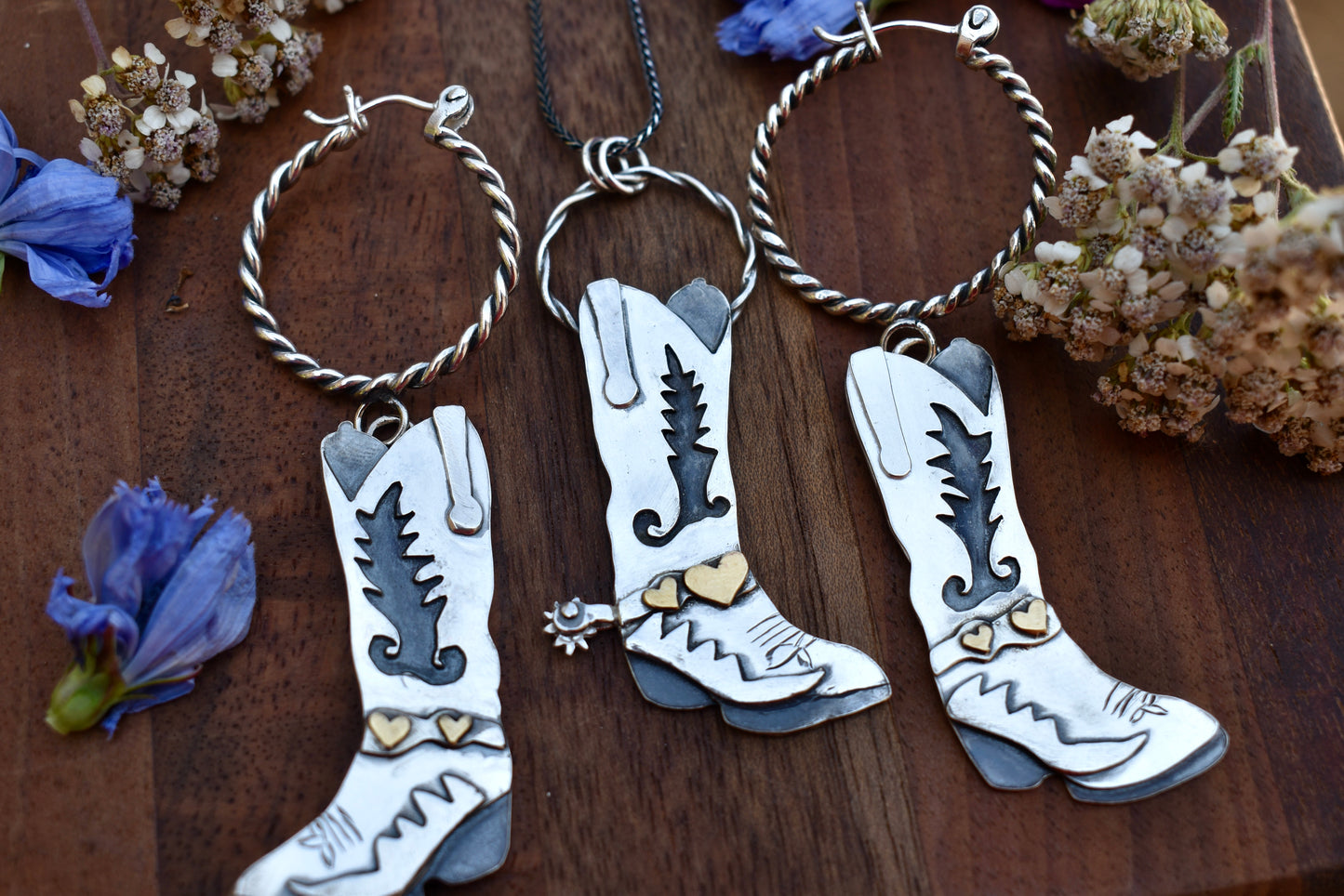 Made to Order- Cowboy Boot Pendant with Brass Hearts