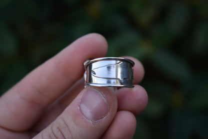 Rainbow Moonstone Stamped Ring with Salmon Band Size 8.5
