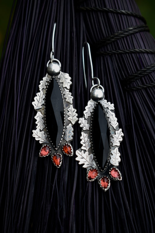 Fallen Oak Leaves Earrings with Onyx and Garnet