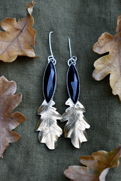 Fallen Oak Leaf Onyx Brass Earrings
