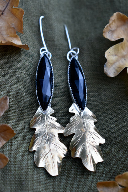 Fallen Oak Leaf Onyx Brass Earrings