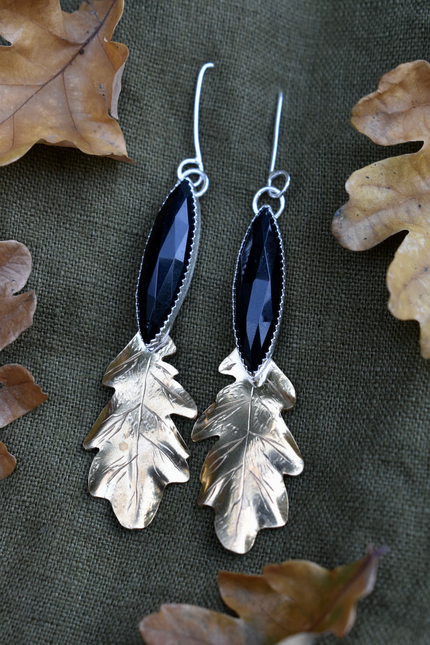Fallen Oak Leaf Onyx Brass Earrings