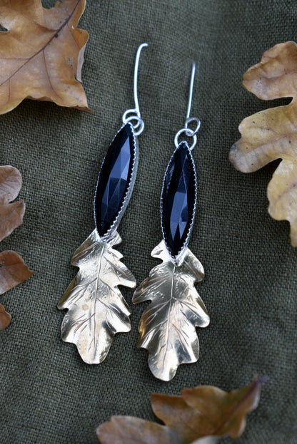 Fallen Oak Leaf Onyx Brass Earrings