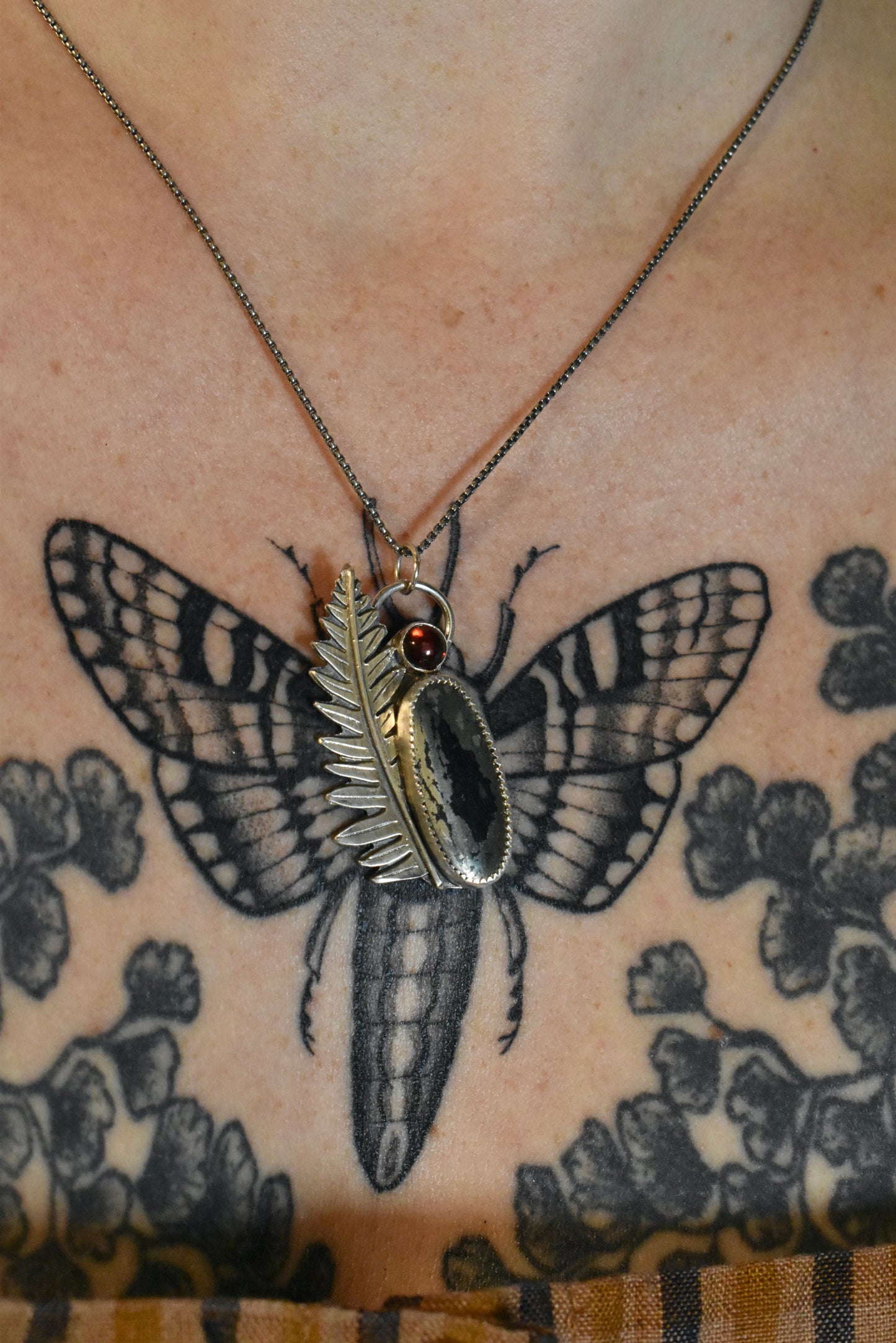 Fern Pendant with Apache Gold and Garnet