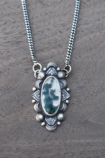 Moss Agate Stamped Pendant on a Curb Chain